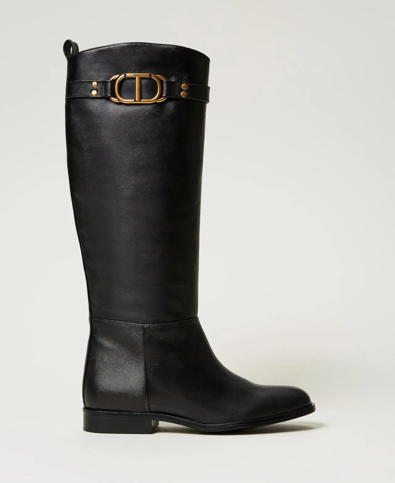 bottes_montantes_en_cuir__0.webp Chaussures Plates | Bottes Et Bottines*TWINSET Milano Bottes Montantes En Cuir Avec Oval T Noir