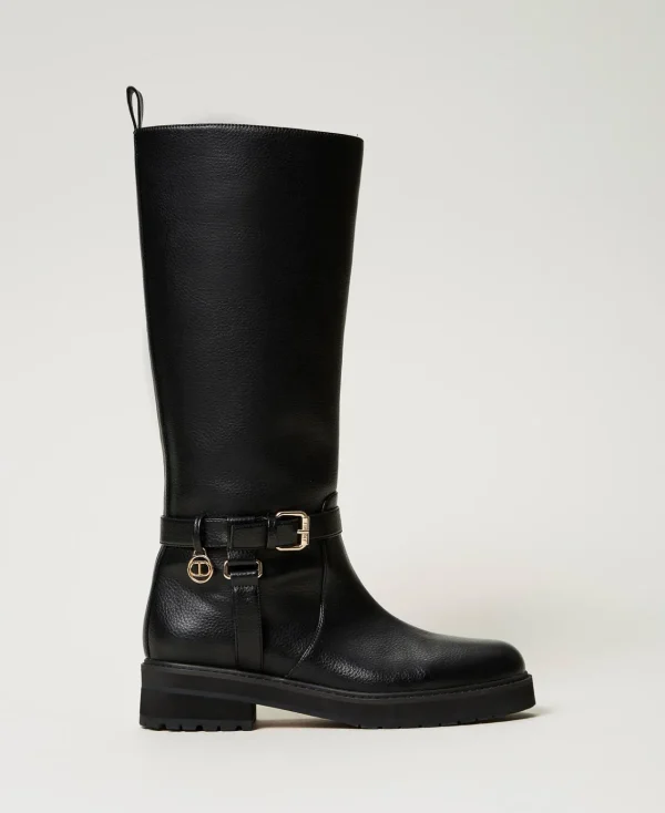 bottes_motardes_en_cuir_a_0.webp Chaussures Plates | Bottes Et Bottines*TWINSET Milano Bottes Motardes En Cuir Avec Oval T Noir