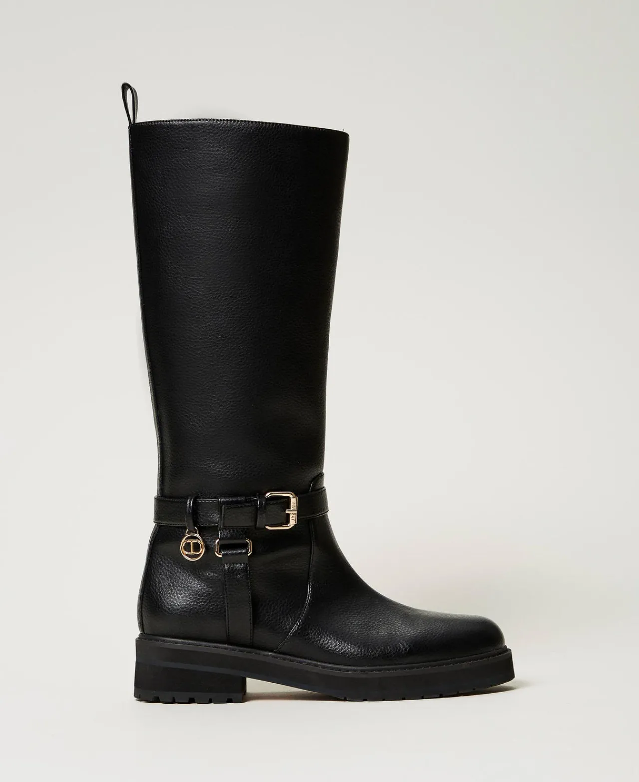bottes_motardes_en_cuir_a_0.webp Chaussures Plates | Bottes Et Bottines*TWINSET Milano Bottes Motardes En Cuir Avec Oval T Noir