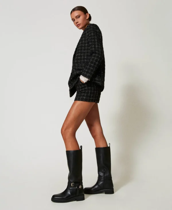 bottes_motardes_en_cuir_a_1.webp Chaussures Plates | Bottes Et Bottines*TWINSET Milano Bottes Motardes En Cuir Avec Oval T Noir