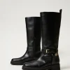 bottes_motardes_en_cuir_a_2.webp Chaussures Plates | Bottes Et Bottines*TWINSET Milano Bottes Motardes En Cuir Avec Oval T Noir