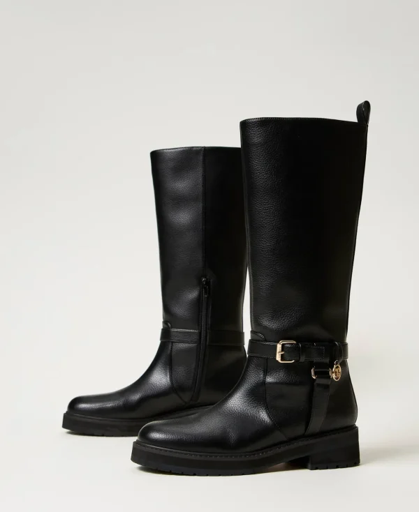 bottes_motardes_en_cuir_a_2.webp Chaussures Plates | Bottes Et Bottines*TWINSET Milano Bottes Motardes En Cuir Avec Oval T Noir