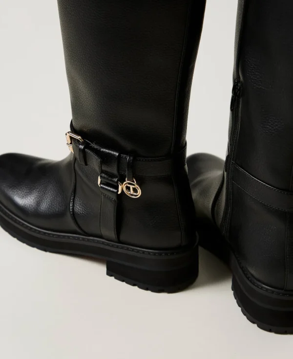 bottes_motardes_en_cuir_a_3.webp Chaussures Plates | Bottes Et Bottines*TWINSET Milano Bottes Motardes En Cuir Avec Oval T Noir