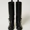 bottes_motardes_en_cuir_a_4.webp Chaussures Plates | Bottes Et Bottines*TWINSET Milano Bottes Motardes En Cuir Avec Oval T Noir