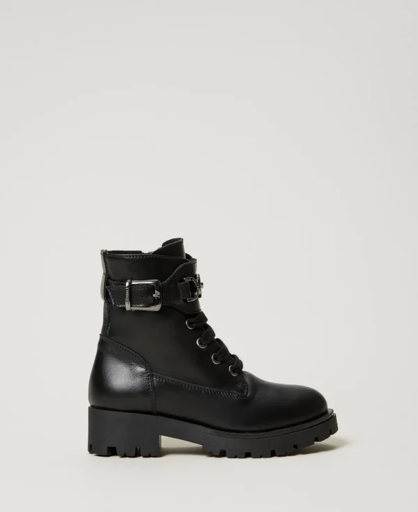 Chaussures*TWINSET Milano Bottines Motardes Enfant En Cuir Avec Bride Noir