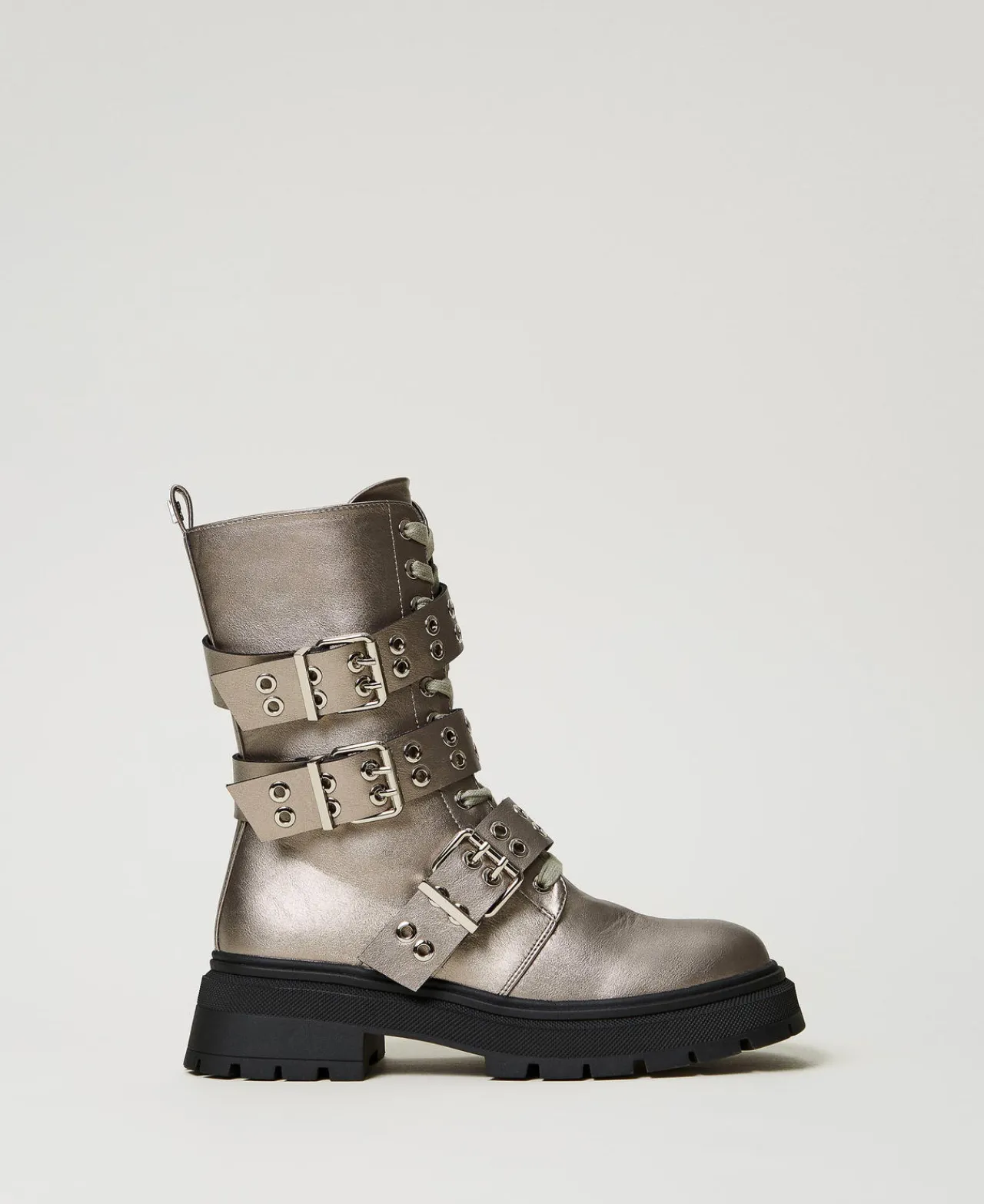 bottines_motardes_lames_a_0.webp Bottines Motardes | Chaussures Plates*TWINSET Milano Bottines Motardes Lamées Avec Brides Noisette Étain