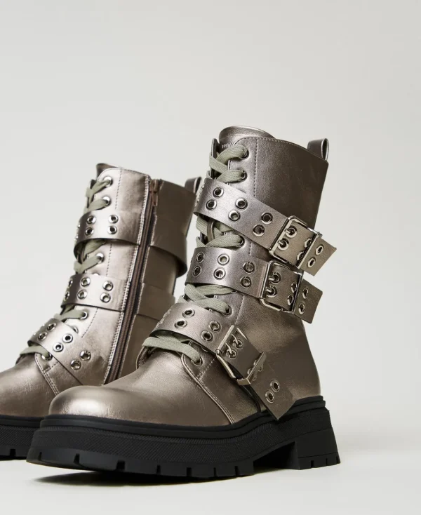 bottines_motardes_lames_a_1.webp Bottines Motardes | Chaussures Plates*TWINSET Milano Bottines Motardes Lamées Avec Brides Noisette Étain