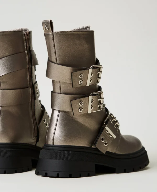 bottines_motardes_lames_a_2.webp Bottines Motardes | Chaussures Plates*TWINSET Milano Bottines Motardes Lamées Avec Brides Noisette Étain