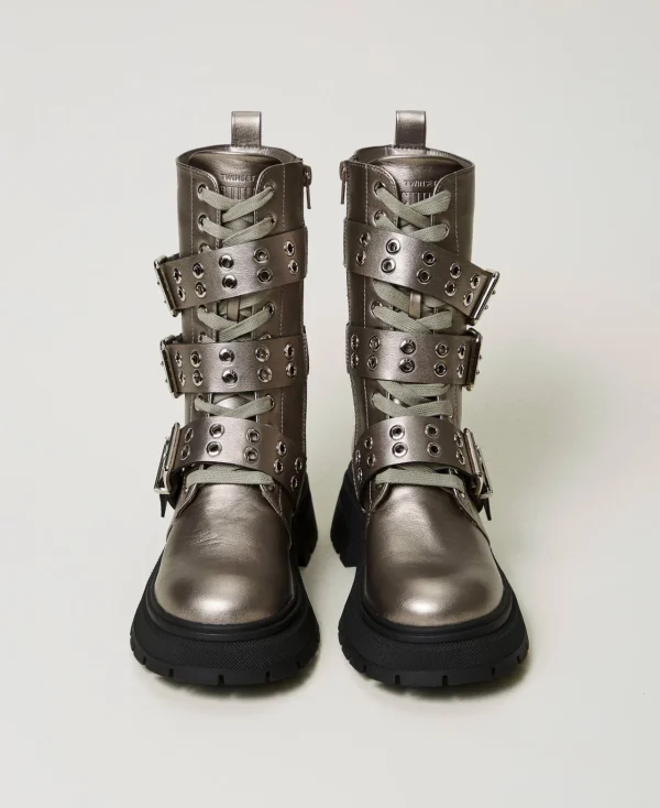 bottines_motardes_lames_a_3.webp Bottines Motardes | Chaussures Plates*TWINSET Milano Bottines Motardes Lamées Avec Brides Noisette Étain