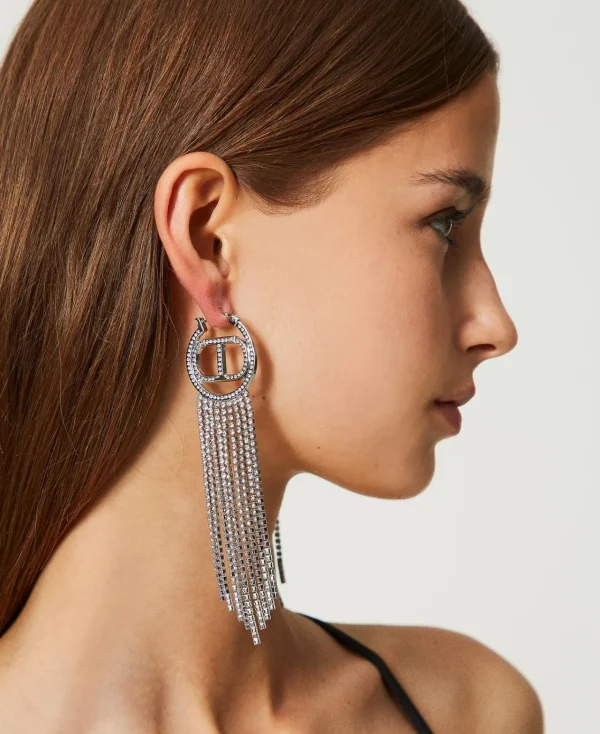 Bijoux*TWINSET Milano Boucles D’oreilles Avec Oval T Et Franges Strassées Argent Nickel Free