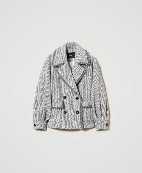 caban_crois_en_drap_bicol_1.webp Blousons Et Doudounes*TWINSET Milano Caban Croisé En Drap Bicolore Bicolore Gris Fumée/Blanc