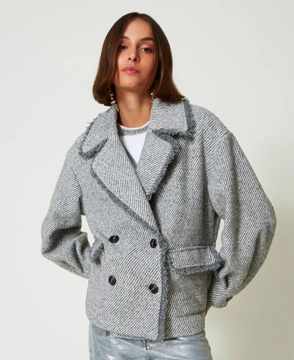 caban_crois_en_drap_bicol_4.webp Blousons Et Doudounes*TWINSET Milano Caban Croisé En Drap Bicolore Bicolore Gris Fumée/Blanc
