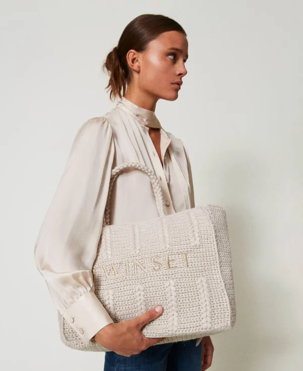 Cabas | Sacs Porté Épaule*TWINSET Milano Cabas «Bohémienne» En Tricot Avec Logo Blanc « White Cream »