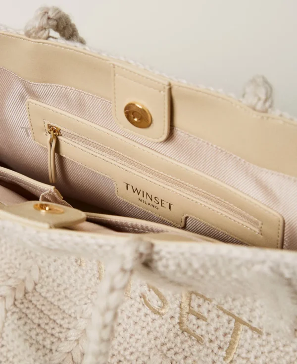 Cabas | Sacs Porté Épaule*TWINSET Milano Cabas «Bohémienne» En Tricot Avec Logo Blanc « White Cream »