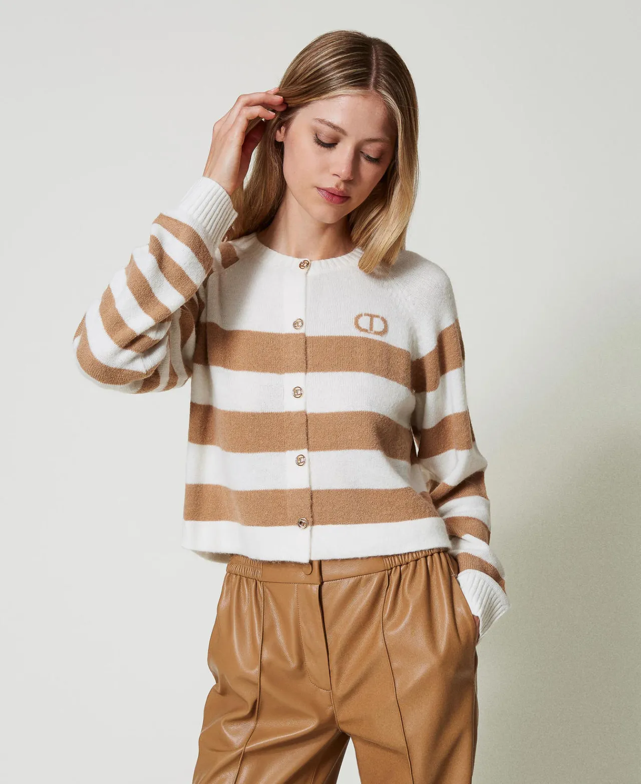 Pulls Et Cardigans*TWINSET Milano Cardigan à Rayures Bicolores Bicolore Blanc Neige/Marron « Sandy Brown »