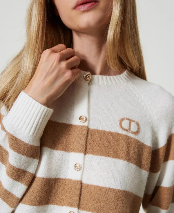 Pulls Et Cardigans*TWINSET Milano Cardigan à Rayures Bicolores Bicolore Blanc Neige/Marron « Sandy Brown »
