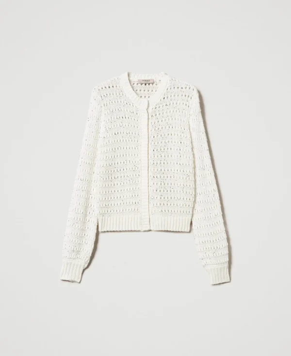 cardigan_ajour_avec_sequi_1.webp Pulls Et Cardigans*TWINSET Milano Cardigan Ajouré Avec Sequins Blanc Neige