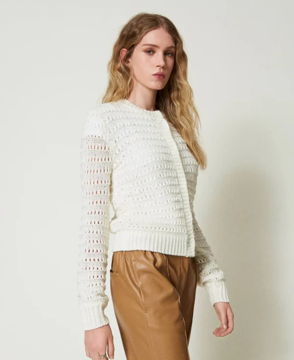 cardigan_ajour_avec_sequi_2.webp Pulls Et Cardigans*TWINSET Milano Cardigan Ajouré Avec Sequins Blanc Neige