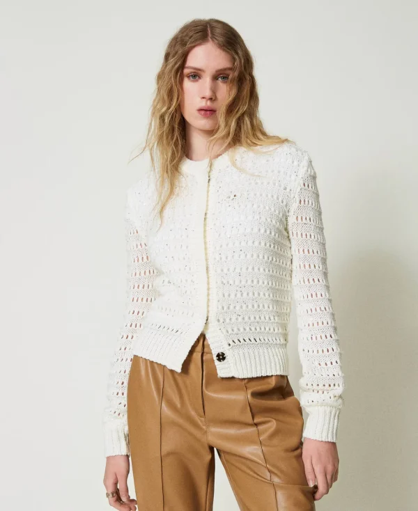cardigan_ajour_avec_sequi_3.webp Pulls Et Cardigans*TWINSET Milano Cardigan Ajouré Avec Sequins Blanc Neige