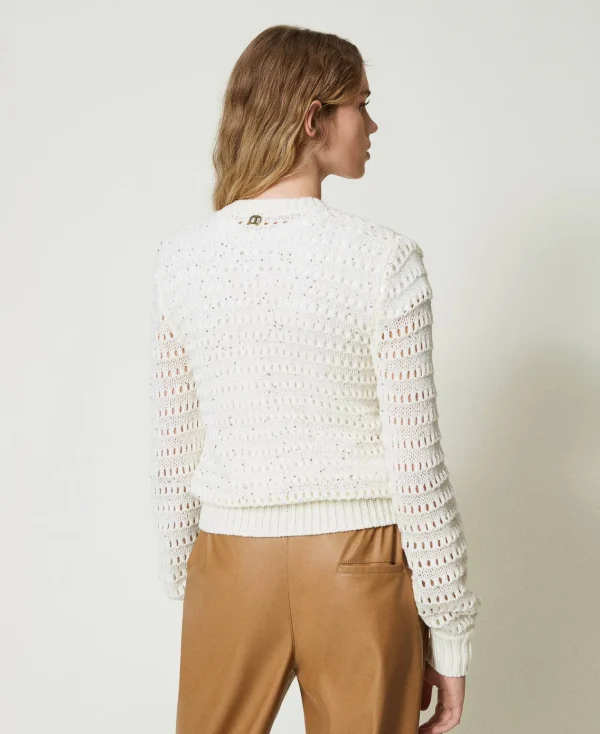 cardigan_ajour_avec_sequi_4.webp Pulls Et Cardigans*TWINSET Milano Cardigan Ajouré Avec Sequins Blanc Neige