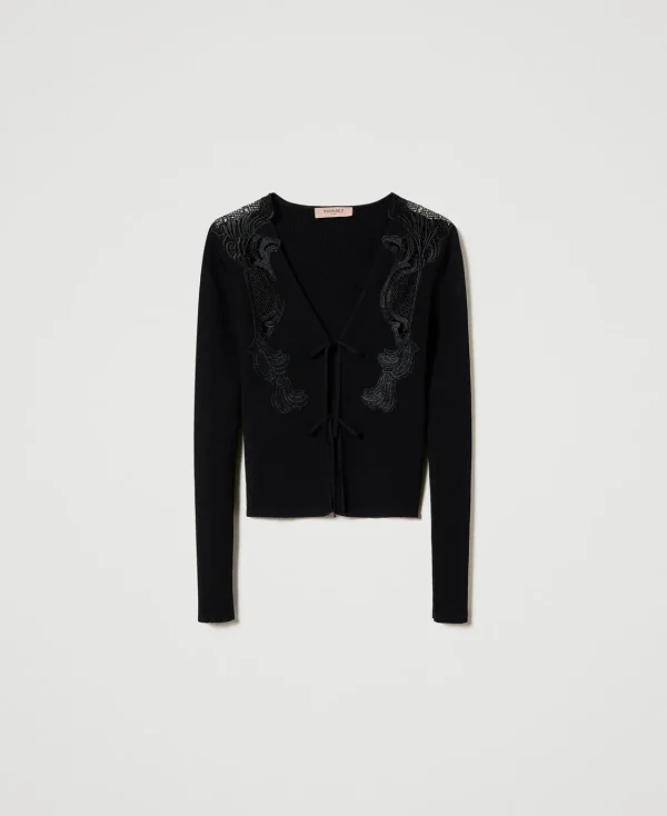 cardigan_avec_lacets_et_d_1.webp Pulls Et Cardigans*TWINSET Milano Cardigan Avec Lacets Et Dentelle Noir