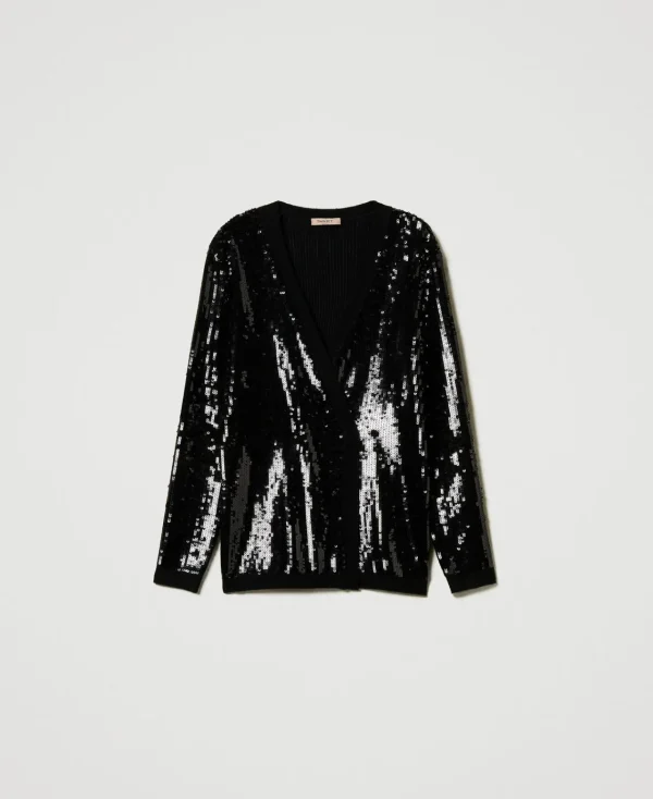 cardigan_crois_avec_sequi_1.webp Blazers | Pulls Et Cardigans*TWINSET Milano Cardigan Croisé Avec Sequins All-over Noir