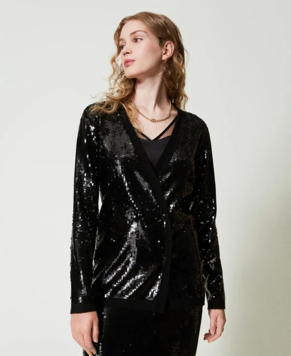 cardigan_crois_avec_sequi_2.webp Blazers | Pulls Et Cardigans*TWINSET Milano Cardigan Croisé Avec Sequins All-over Noir