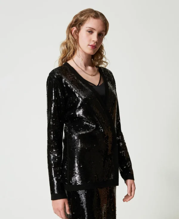 cardigan_crois_avec_sequi_3.webp Blazers | Pulls Et Cardigans*TWINSET Milano Cardigan Croisé Avec Sequins All-over Noir