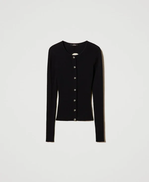 cardigan_ctel_avec_clous_1.webp Pulls Et Cardigans*TWINSET Milano Cardigan Côtelé Avec Clous Noir