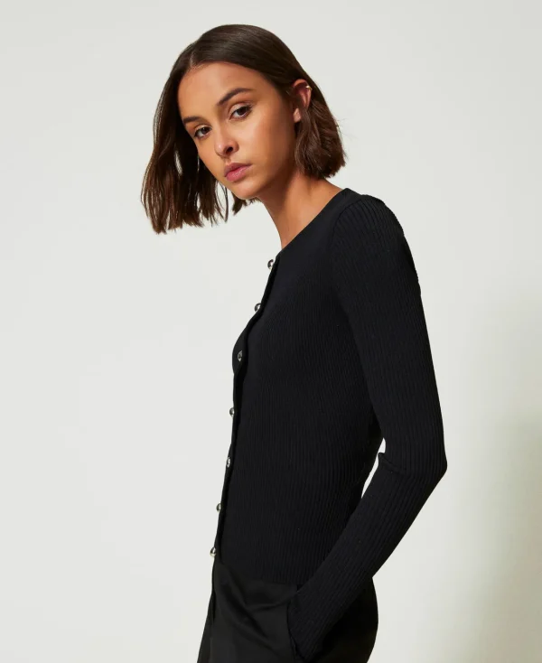 cardigan_ctel_avec_clous_2.webp Pulls Et Cardigans*TWINSET Milano Cardigan Côtelé Avec Clous Noir