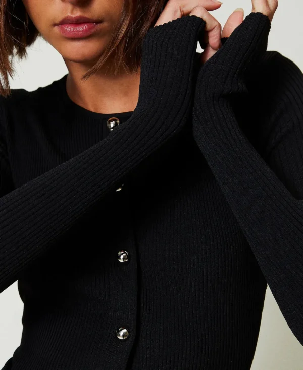 cardigan_ctel_avec_clous_4.webp Pulls Et Cardigans*TWINSET Milano Cardigan Côtelé Avec Clous Noir