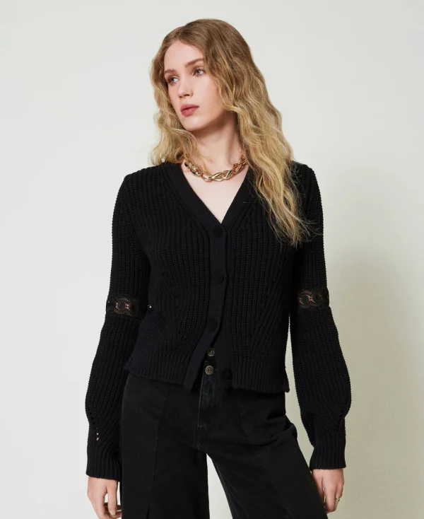 cardigan_ctel_avec_dentel_0.webp Pulls Et Cardigans*TWINSET Milano Cardigan Côtelé Avec Dentelle Noir