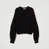 cardigan_ctel_avec_dentel_1.webp Pulls Et Cardigans*TWINSET Milano Cardigan Côtelé Avec Dentelle Noir