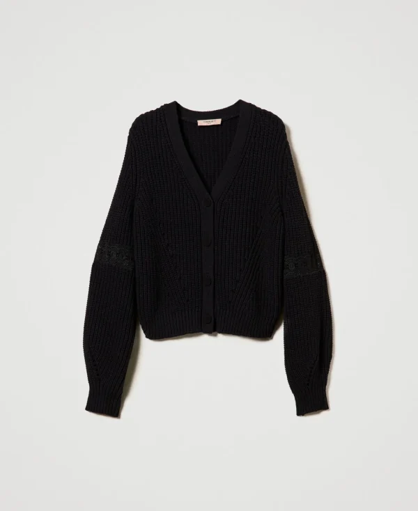 cardigan_ctel_avec_dentel_1.webp Pulls Et Cardigans*TWINSET Milano Cardigan Côtelé Avec Dentelle Noir