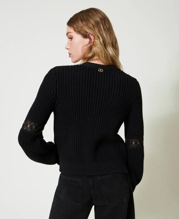 cardigan_ctel_avec_dentel_3.webp Pulls Et Cardigans*TWINSET Milano Cardigan Côtelé Avec Dentelle Noir