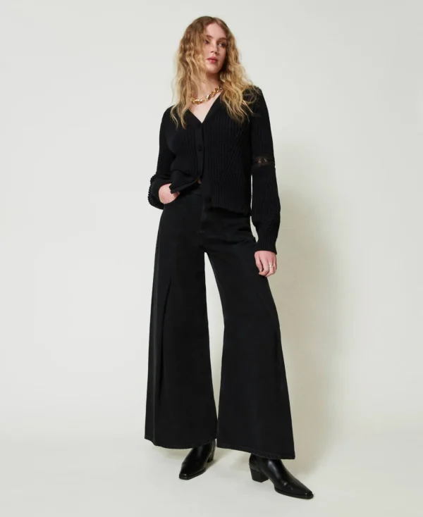 cardigan_ctel_avec_dentel_5.webp Pulls Et Cardigans*TWINSET Milano Cardigan Côtelé Avec Dentelle Noir