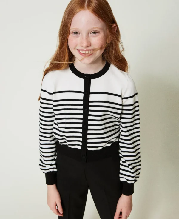 Pulls Et Cardigans*TWINSET Milano Cardigan Rayé Avec Logo Jacquard Bicolore Blanc Cassé / Noir