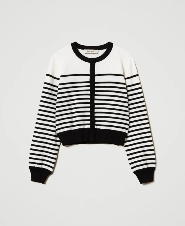 Pulls Et Cardigans*TWINSET Milano Cardigan Rayé Avec Logo Jacquard Bicolore Blanc Cassé / Noir