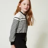 Pulls Et Cardigans*TWINSET Milano Cardigan Rayé Avec Logo Jacquard Bicolore Blanc Cassé / Noir