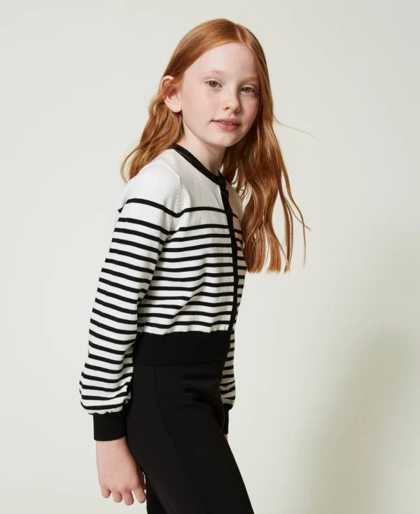 Pulls Et Cardigans*TWINSET Milano Cardigan Rayé Avec Logo Jacquard Bicolore Blanc Cassé / Noir