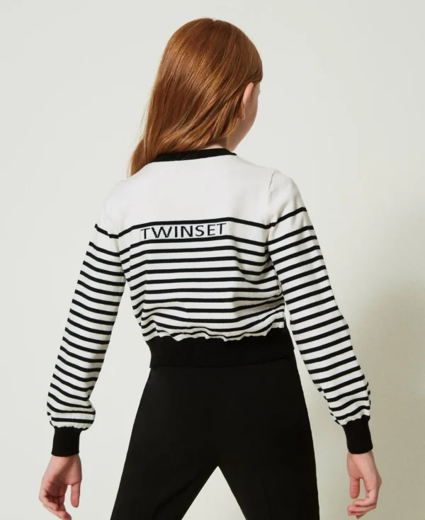 Pulls Et Cardigans*TWINSET Milano Cardigan Rayé Avec Logo Jacquard Bicolore Blanc Cassé / Noir