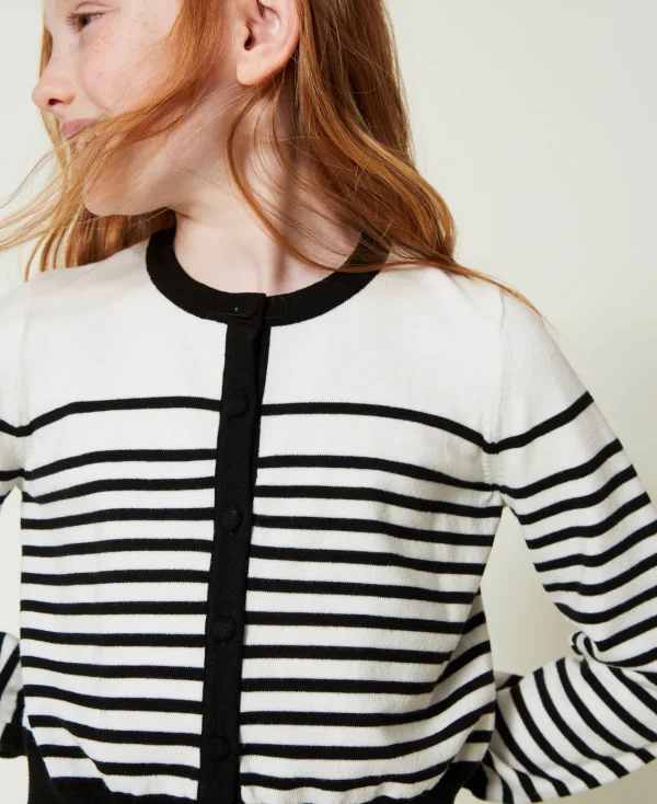 Pulls Et Cardigans*TWINSET Milano Cardigan Rayé Avec Logo Jacquard Bicolore Blanc Cassé / Noir