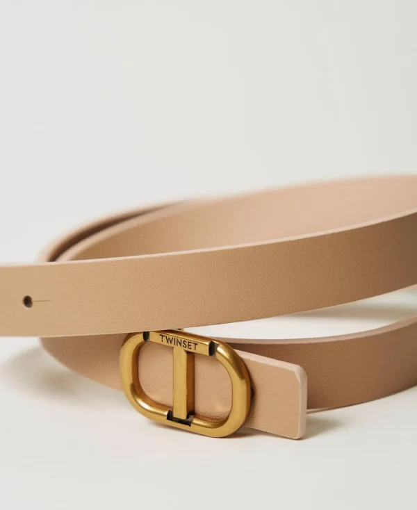 ceinture_fine_rversible_e_2.webp Ceintures*TWINSET Milano Ceinture Fine Réversible En Cuir Avec Oval T Bicolore Rose « Peach Pink »/Marron « Sandy Brown »