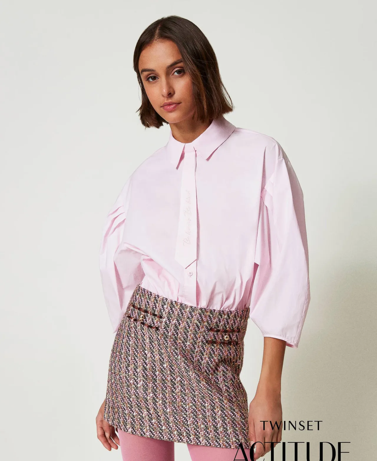 chemise_boxy_avec_cravate_0.webp Blouses Et Chemises*TWINSET Milano Chemise Boxy Avec Cravate Rose « Pink Tulle »