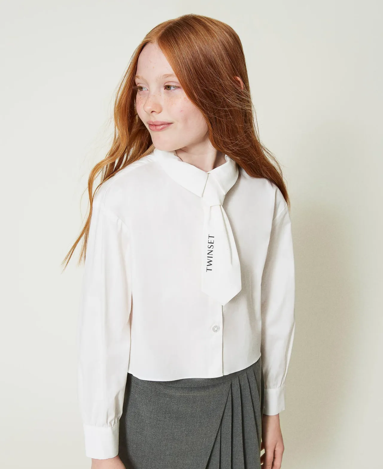chemise_en_popeline_avec__0-1.webp Blouses Et Chemises*TWINSET Milano Chemise En Popeline Avec Cravate Off White