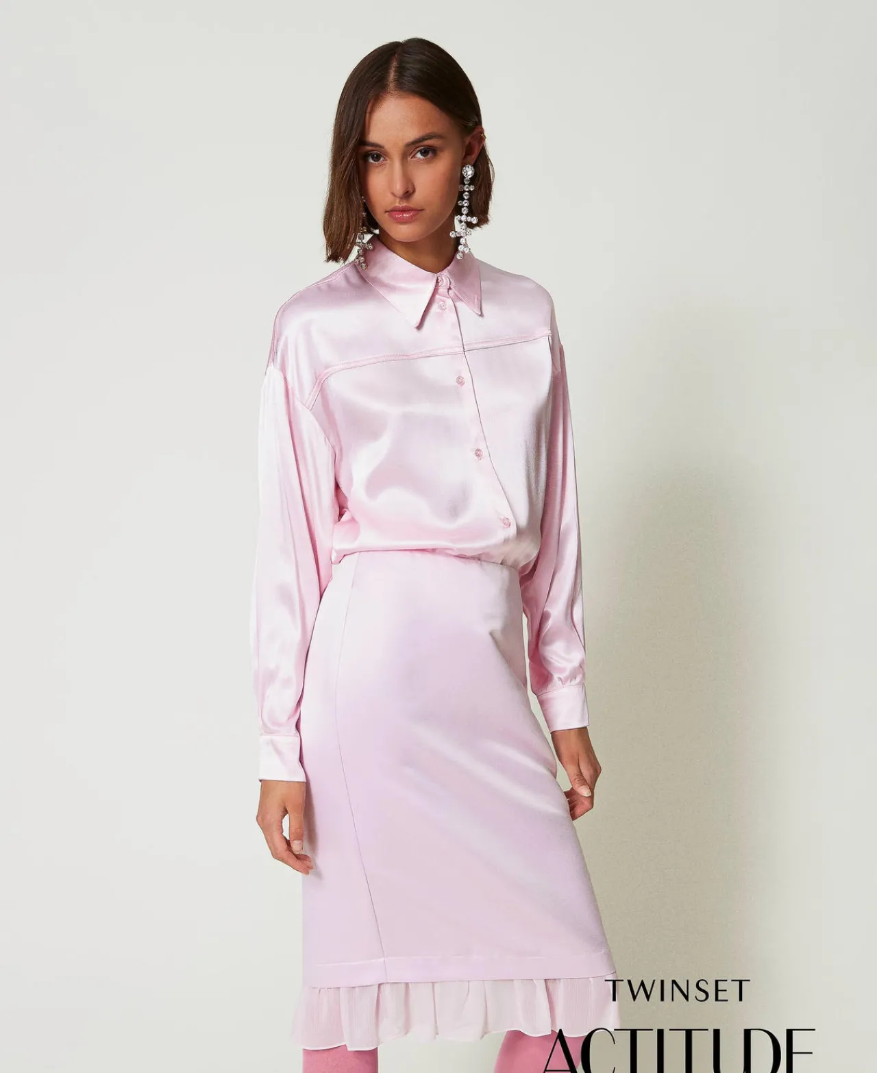chemise_en_satin_martel_0.webp Blouses Et Chemises*TWINSET Milano Chemise En Satin Martelé Rose « Pink Tulle »