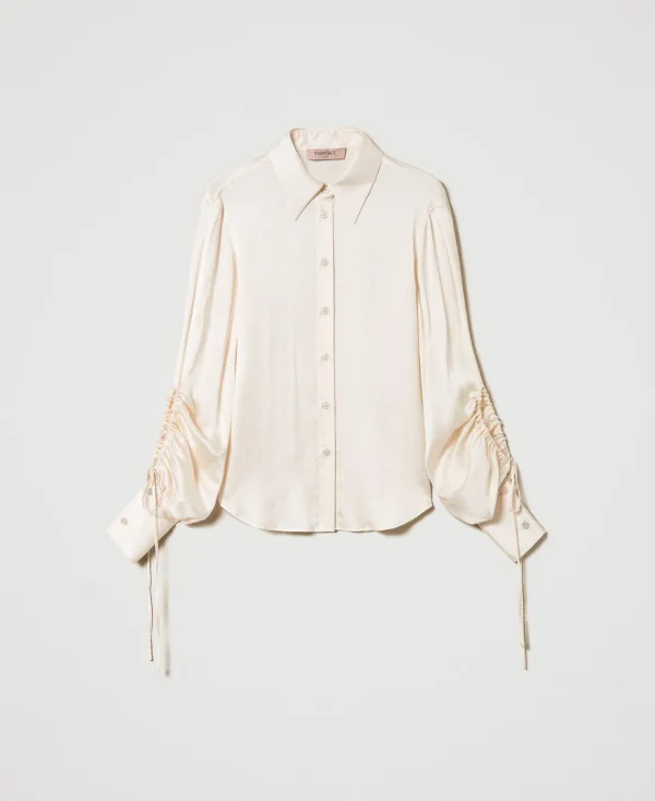 chemise_en_satin_martel_a_1.webp Blouses Et Chemises*TWINSET Milano Chemise En Satin Martelé Avec Ajour Blanc « Old White »