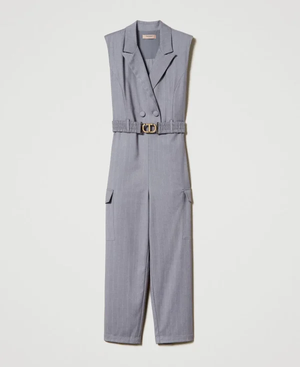Combinaisons | Robes Longues*TWINSET Milano Combinaison Rayée Avec Ceinture Gris Chiné Rayure Neige