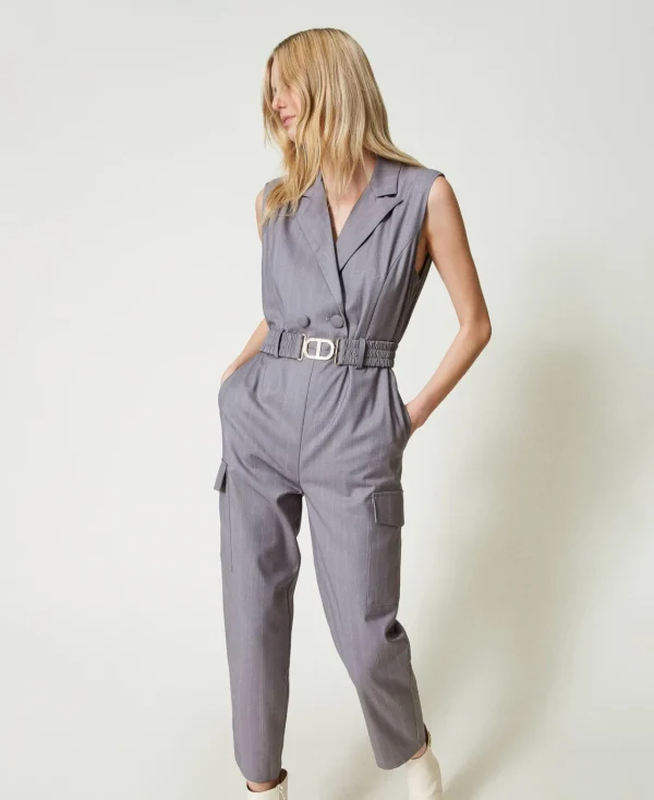 Combinaisons | Robes Longues*TWINSET Milano Combinaison Rayée Avec Ceinture Gris Chiné Rayure Neige