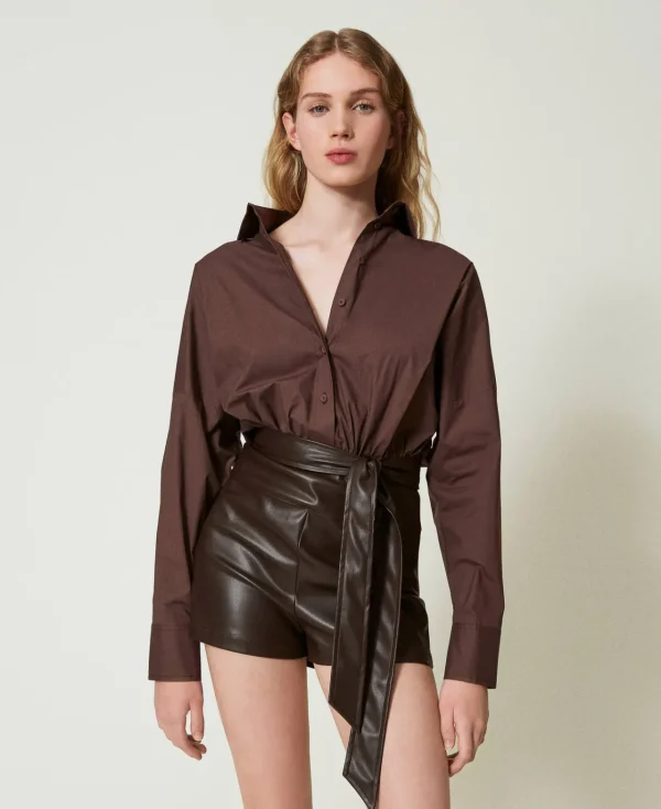 Combinaisons | Robes Courtes*TWINSET Milano Combi-short En Popeline Et Tissu Enduit Chocolat